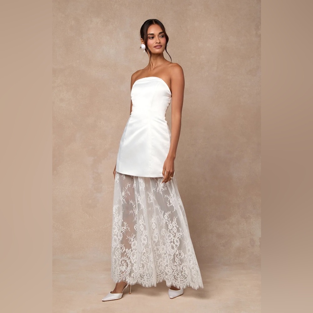 Lulus Winslet White Satin Sheer Hem Strapless Maxi Dress - Size XS NEW